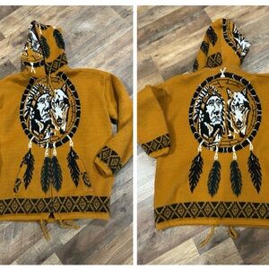 Vintage tejidos Ruminahui Wool Hooded Chief/Wolf/Dreamcatcher Ecuador Jacket